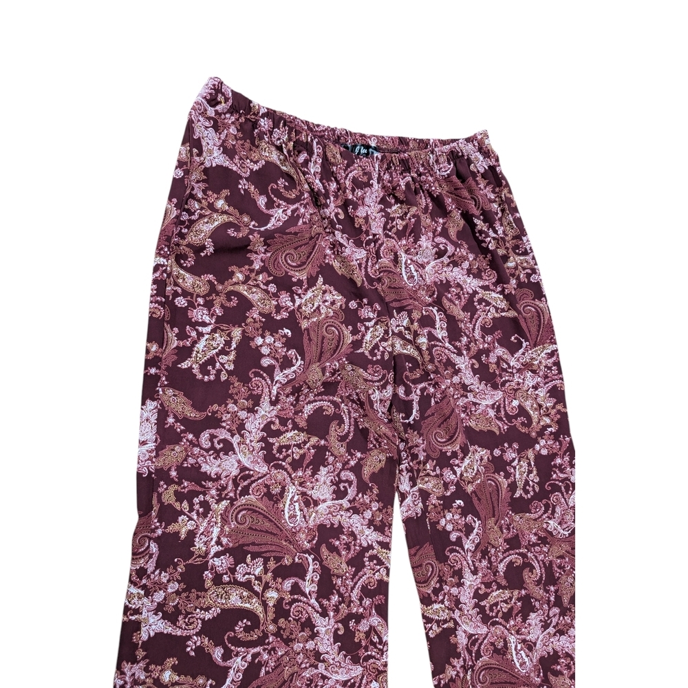 Jay Lee XL Paisley Wide Leg Palazzo Pants Boho Festival 70s Maroon Cream Stretch - Picture 4 of 9